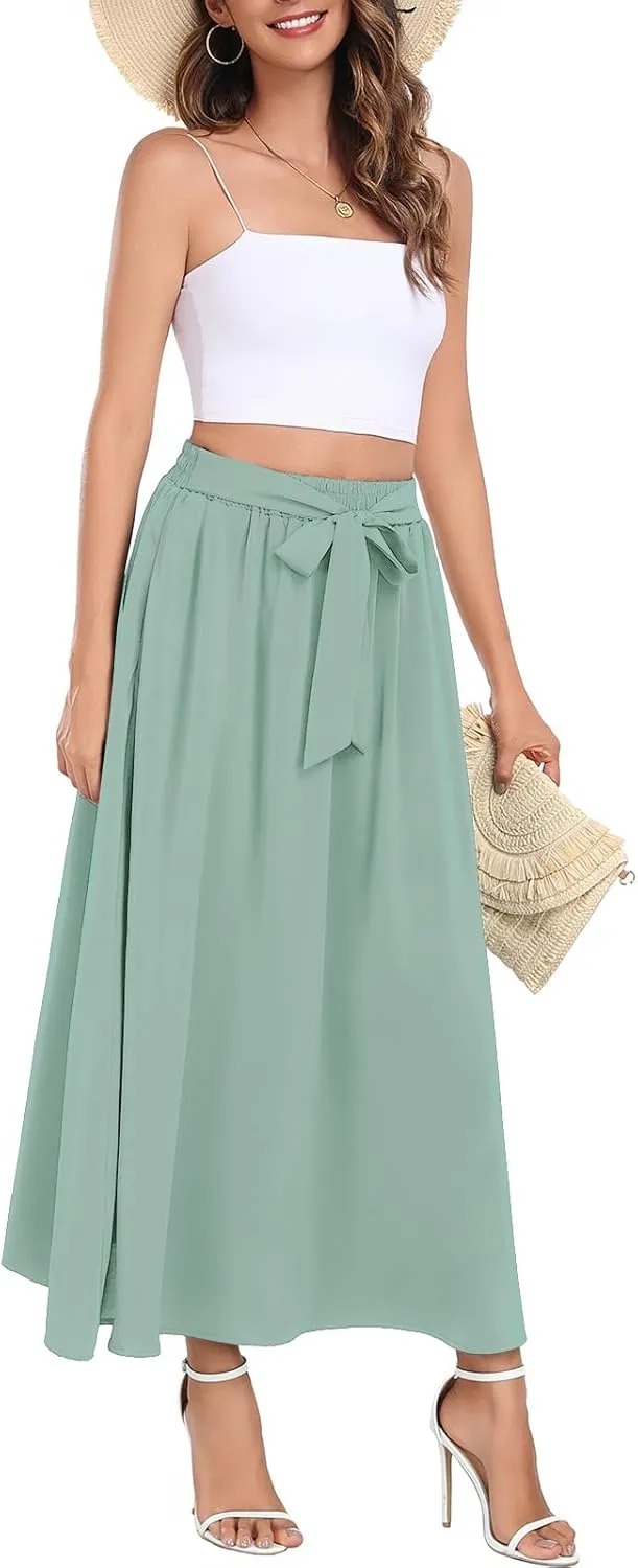 Askyes Womens Maxi Skirt Summer Trendy Tie Knot Elastic High Waisted Boho Casual Beach Flowy Swing Long Skirts with Pockets