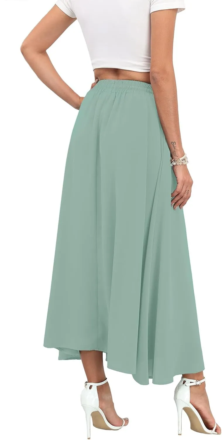 Askyes Womens Maxi Skirt Summer Trendy Tie Knot Elastic High Waisted Boho Casual Beach Flowy Swing Long Skirts with Pockets