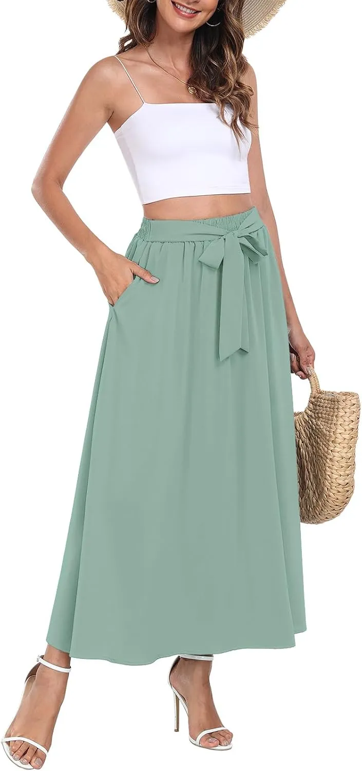 Askyes Womens Maxi Skirt Summer Trendy Tie Knot Elastic High Waisted Boho Casual Beach Flowy Swing Long Skirts with Pockets