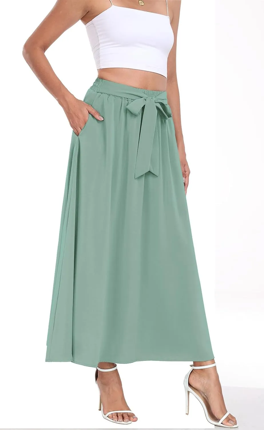 Askyes Womens Maxi Skirt Summer Trendy Tie Knot Elastic High Waisted Boho Casual Beach Flowy Swing Long Skirts with Pockets