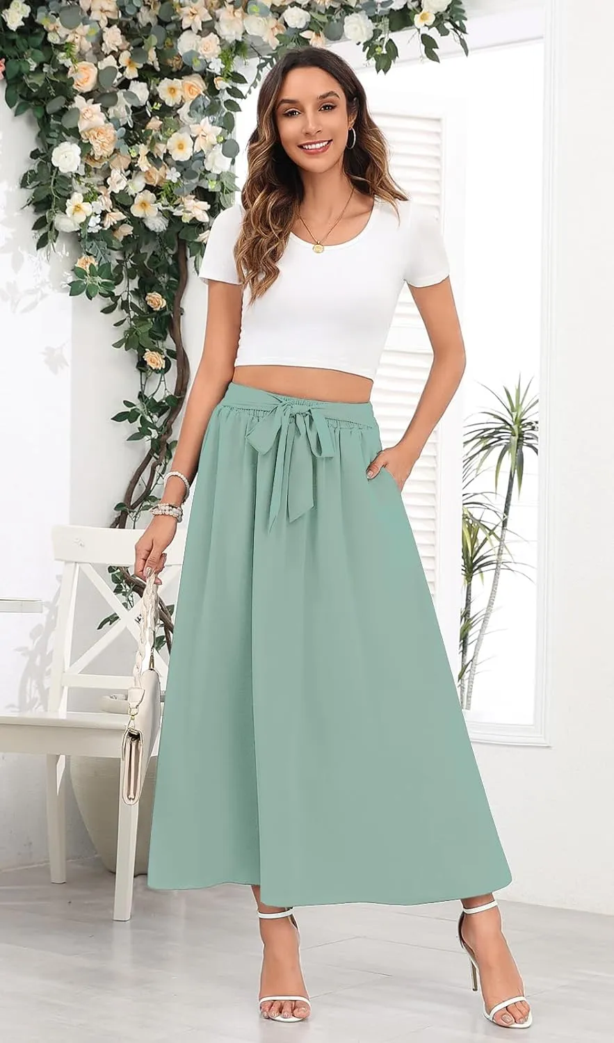 Askyes Womens Maxi Skirt Summer Trendy Tie Knot Elastic High Waisted Boho Casual Beach Flowy Swing Long Skirts with Pockets