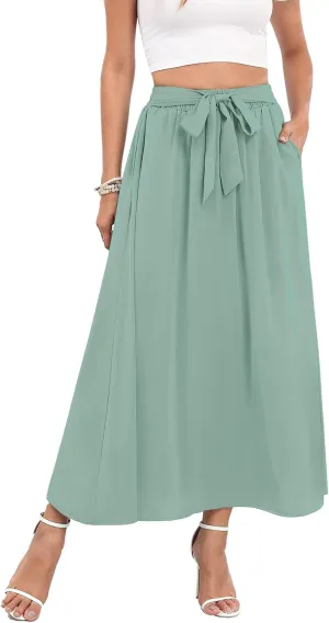 Askyes Womens Maxi Skirt Summer Trendy Tie Knot Elastic High Waisted Boho Casual Beach Flowy Swing Long Skirts with Pockets