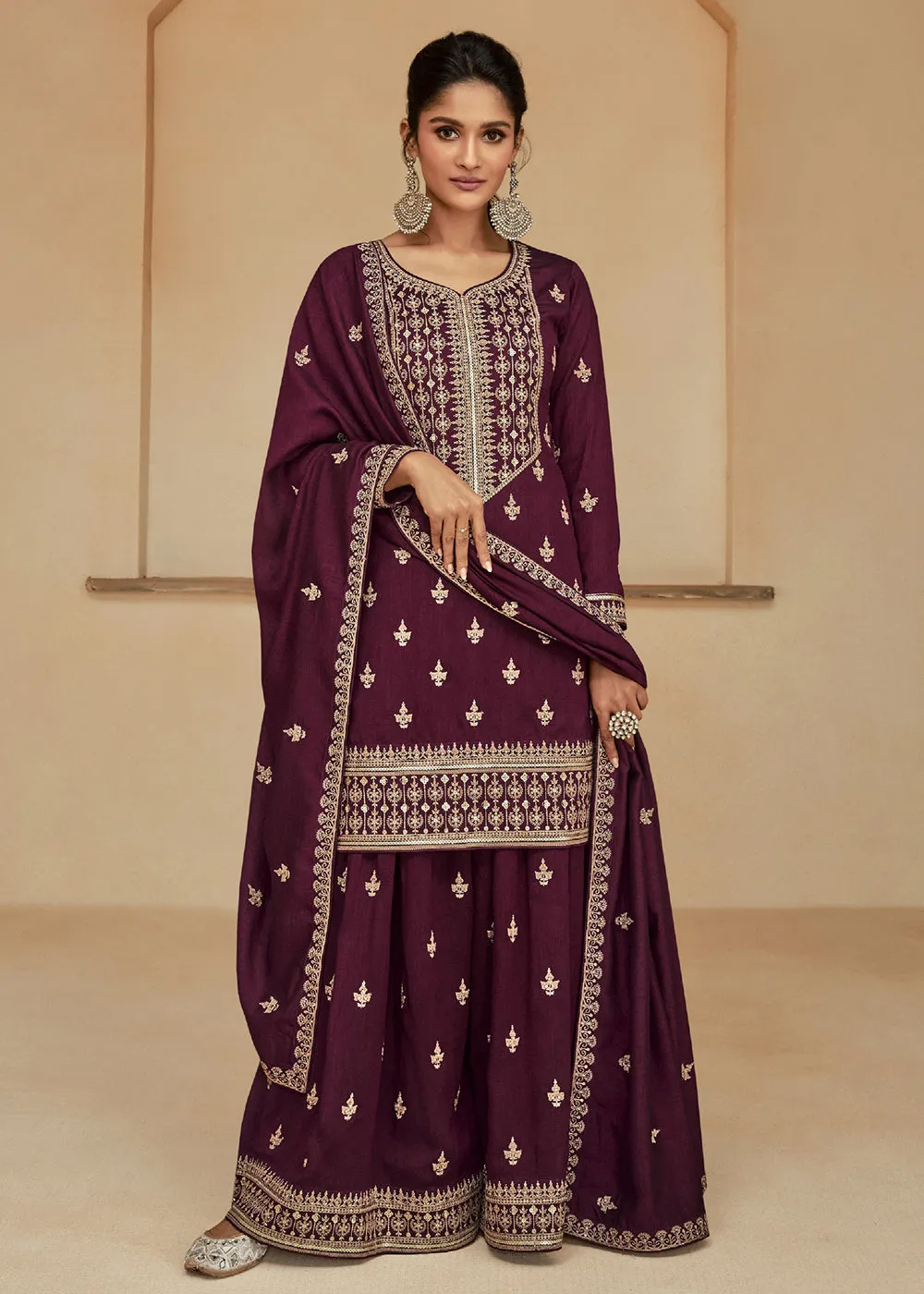 Burgundy Wine Zari & Sequins Work Palazzo Salwar Suit