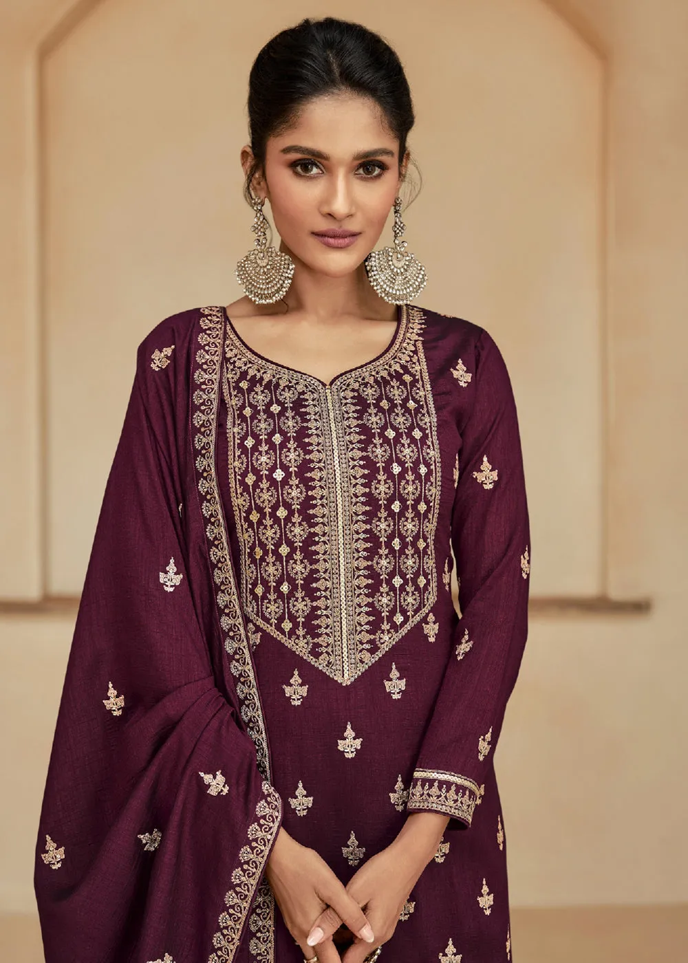 Burgundy Wine Zari & Sequins Work Palazzo Salwar Suit