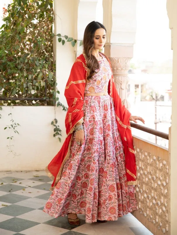 Chaand Inaya Pink & Red Block Printed Tiered Skirt Set (Set of 3)