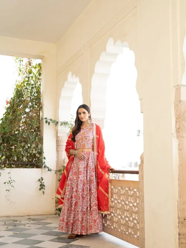 Chaand Inaya Pink & Red Block Printed Tiered Skirt Set (Set of 3)