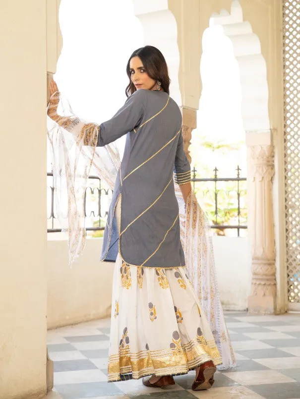 Chaand Sharanya Grey & Ivory Cotton Sharara Set (Set of 3)