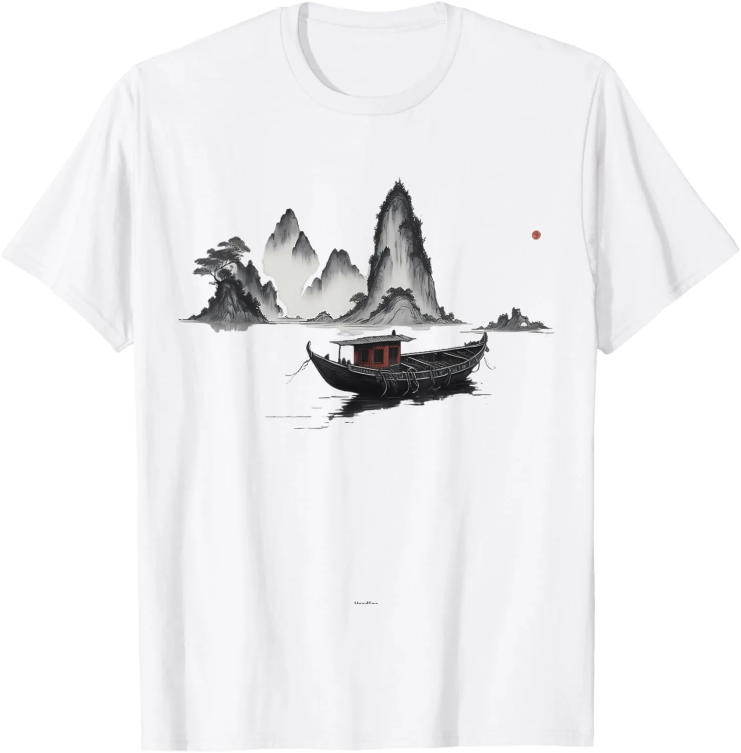 Chinese Landscape Boat Mountain Water Ink Graphic Art T-Shirt