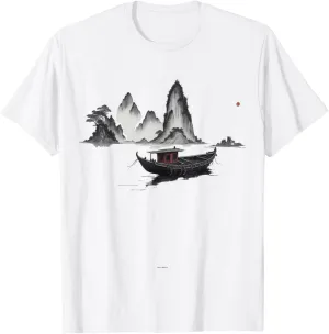 Chinese Landscape Boat Mountain Water Ink Graphic Art T-Shirt