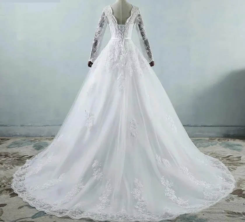 Classical Long Lace Sleeve Court Train Wedding Bridal Gown