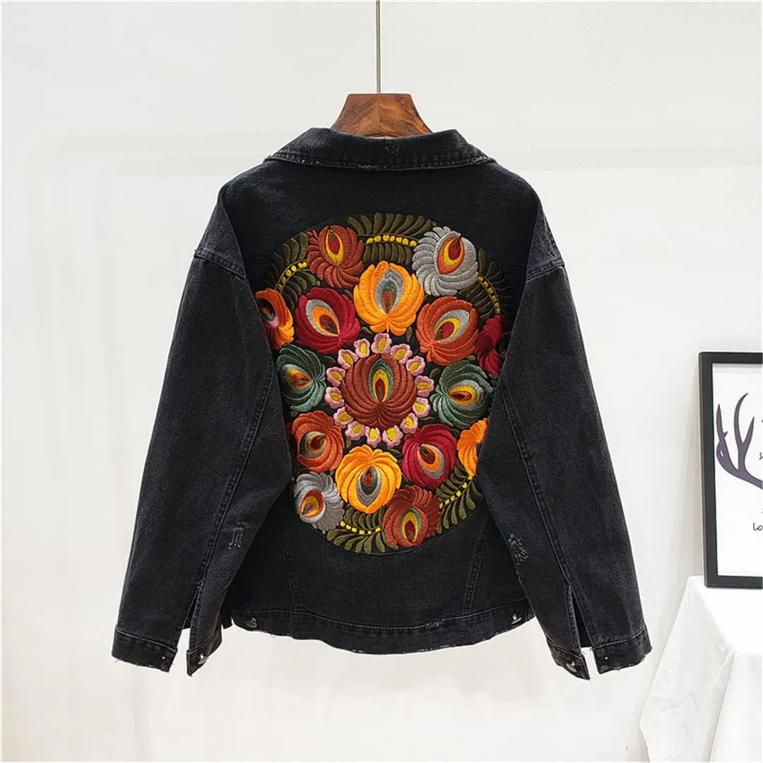 Denim Jacket Embroidered Jacket Jacket Women's Long Sleeve Plus Size Multi-Floral Denim Jacket
