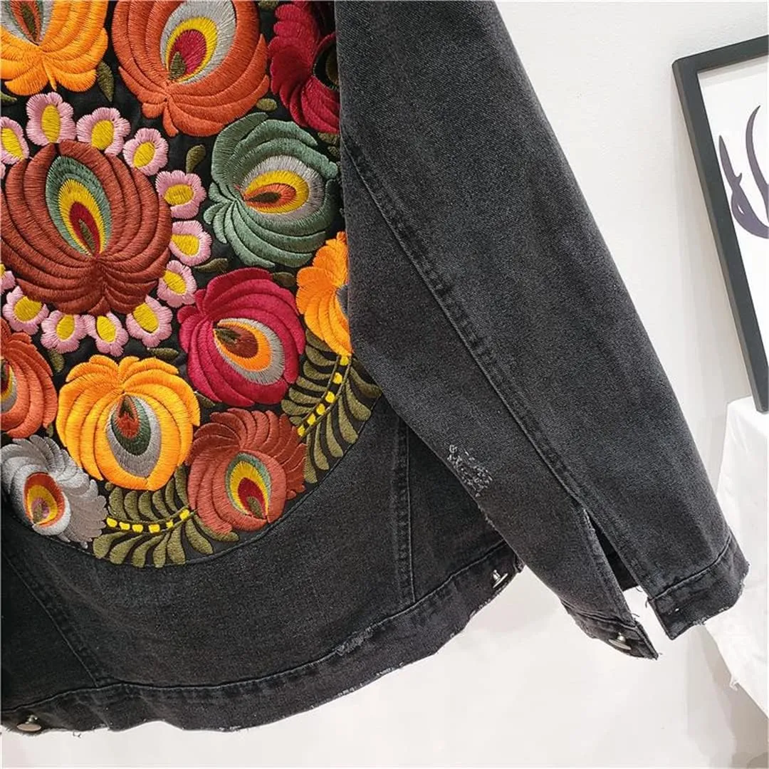 Denim Jacket Embroidered Jacket Jacket Women's Long Sleeve Plus Size Multi-Floral Denim Jacket