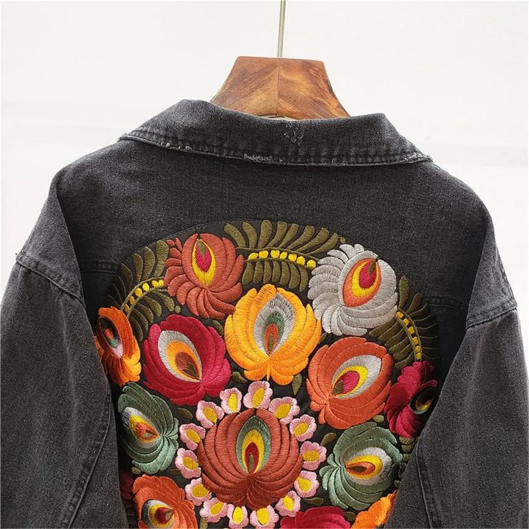 Denim Jacket Embroidered Jacket Jacket Women's Long Sleeve Plus Size Multi-Floral Denim Jacket