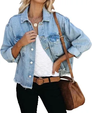 Denim Jacket for Women Summer Casual Frayed Hem Cropped Jackets Button Up Long Sleeve Jean Jacket with Pockets