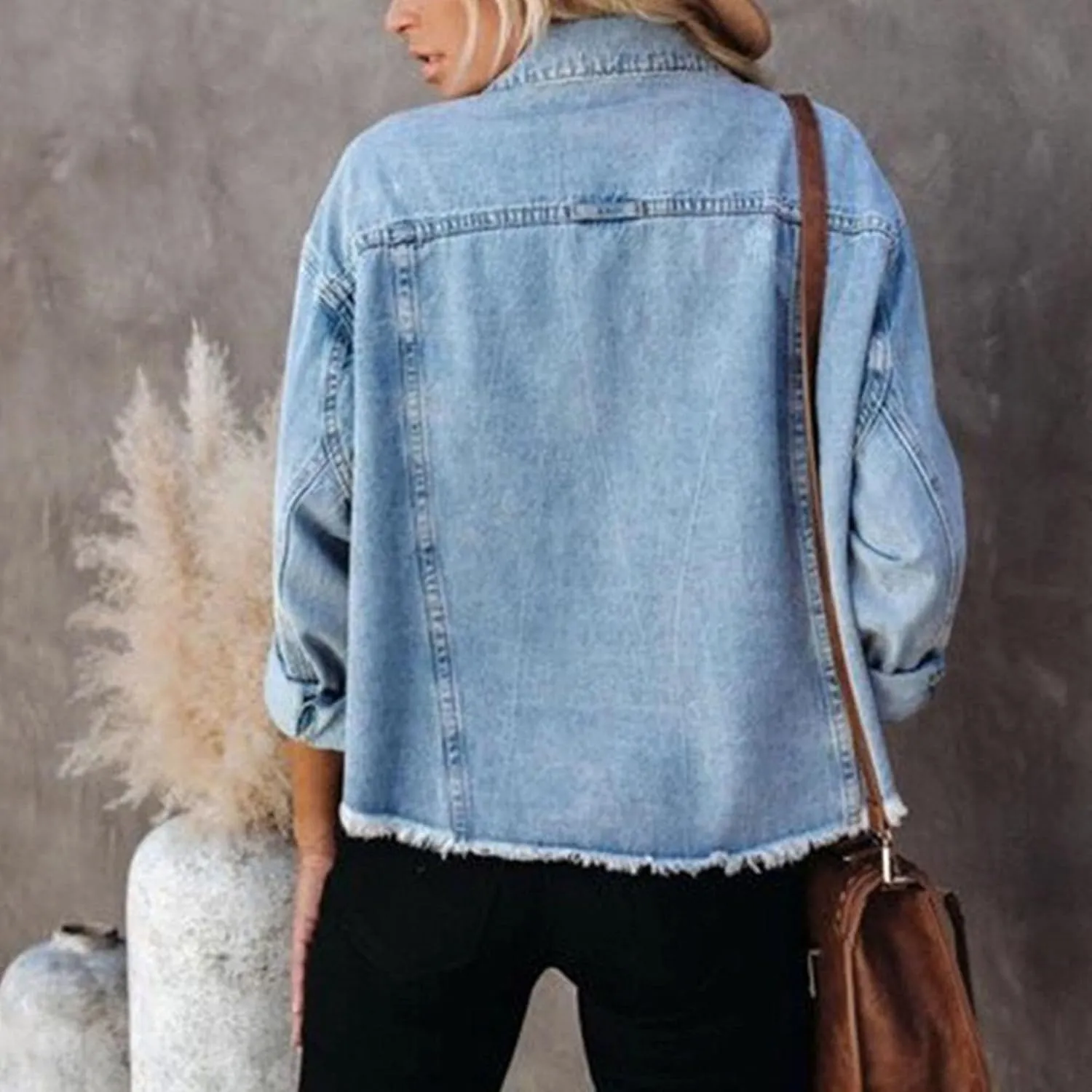 Denim Jacket for Women Summer Casual Frayed Hem Cropped Jackets Button Up Long Sleeve Jean Jacket with Pockets