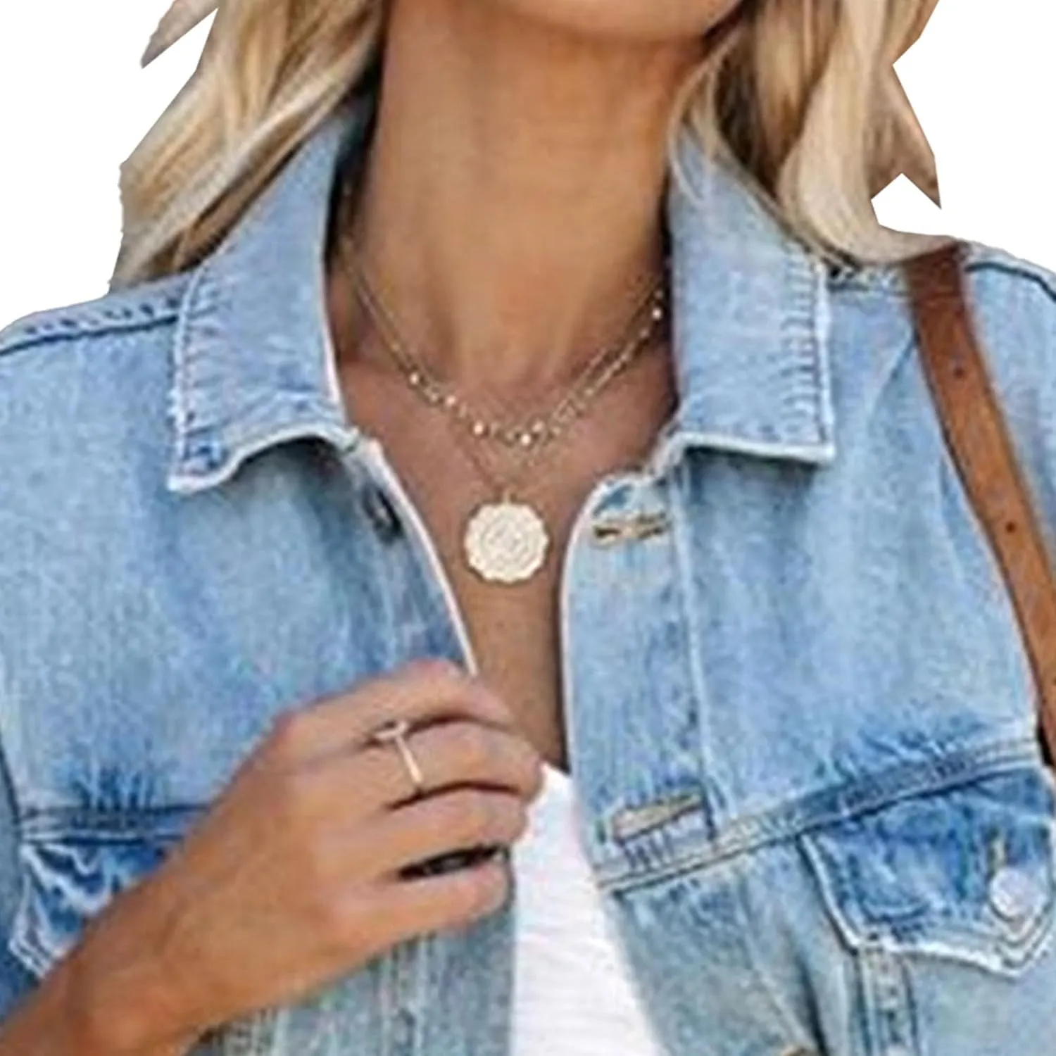 Denim Jacket for Women Summer Casual Frayed Hem Cropped Jackets Button Up Long Sleeve Jean Jacket with Pockets