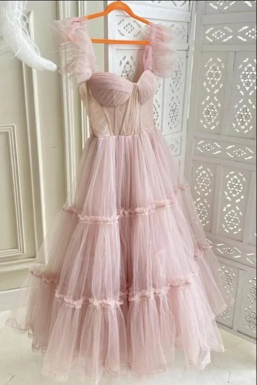 Dusty Rose Teried Tulle Tea Length Prom Dress