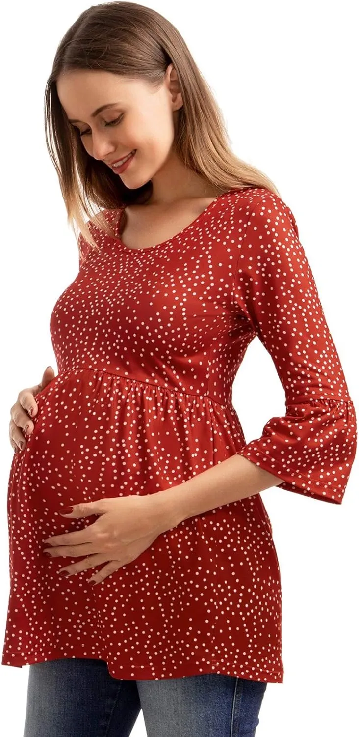 Ecavus Womens Casual Maternity Tops Striped Peplum 3/4 Ruffle Sleeve Shirt Ultra Soft Pregnancy Clothing