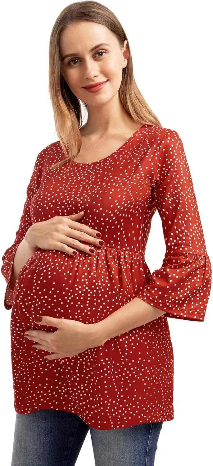 Ecavus Womens Casual Maternity Tops Striped Peplum 3/4 Ruffle Sleeve Shirt Ultra Soft Pregnancy Clothing