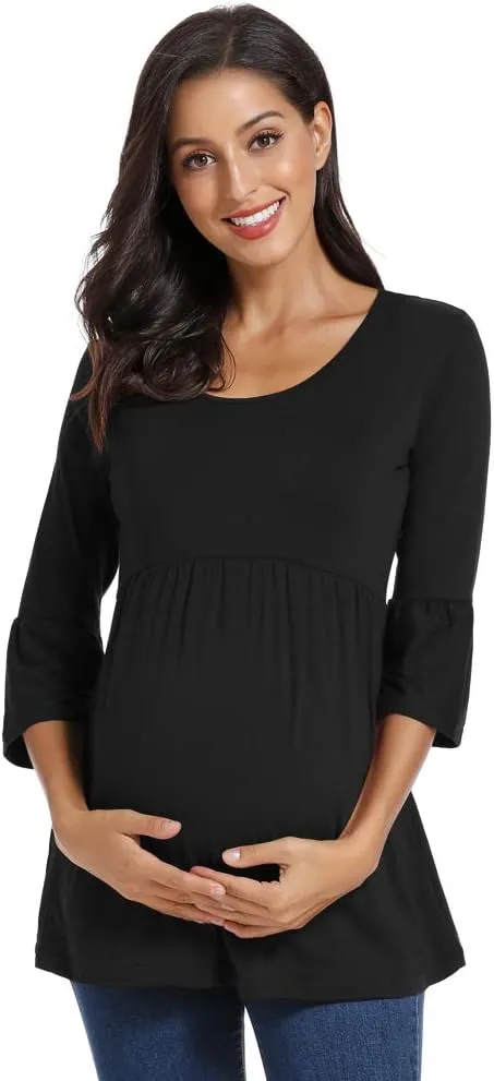 Ecavus Womens Casual Maternity Tops Striped Peplum 3/4 Ruffle Sleeve Shirt Ultra Soft Pregnancy Clothing