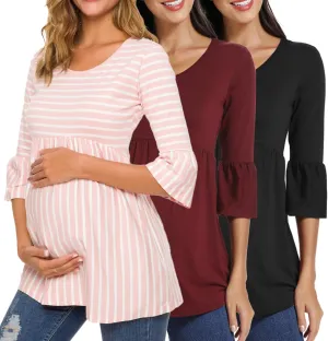 Ecavus Womens Casual Maternity Tops Striped Peplum 3/4 Ruffle Sleeve Shirt Ultra Soft Pregnancy Clothing
