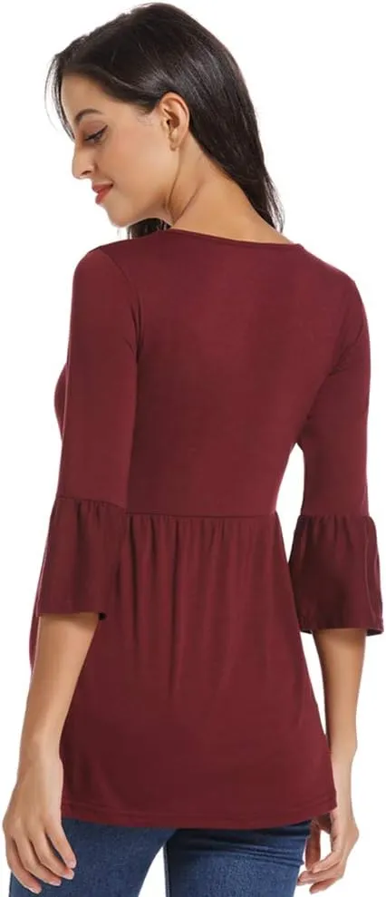 Ecavus Womens Casual Maternity Tops Striped Peplum 3/4 Ruffle Sleeve Shirt Ultra Soft Pregnancy Clothing