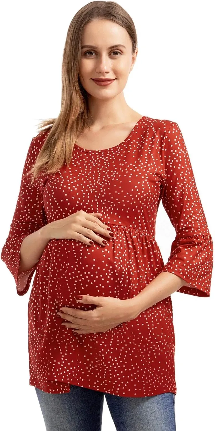 Ecavus Womens Casual Maternity Tops Striped Peplum 3/4 Ruffle Sleeve Shirt Ultra Soft Pregnancy Clothing