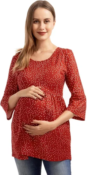 Ecavus Womens Casual Maternity Tops Striped Peplum 3/4 Ruffle Sleeve Shirt Ultra Soft Pregnancy Clothing