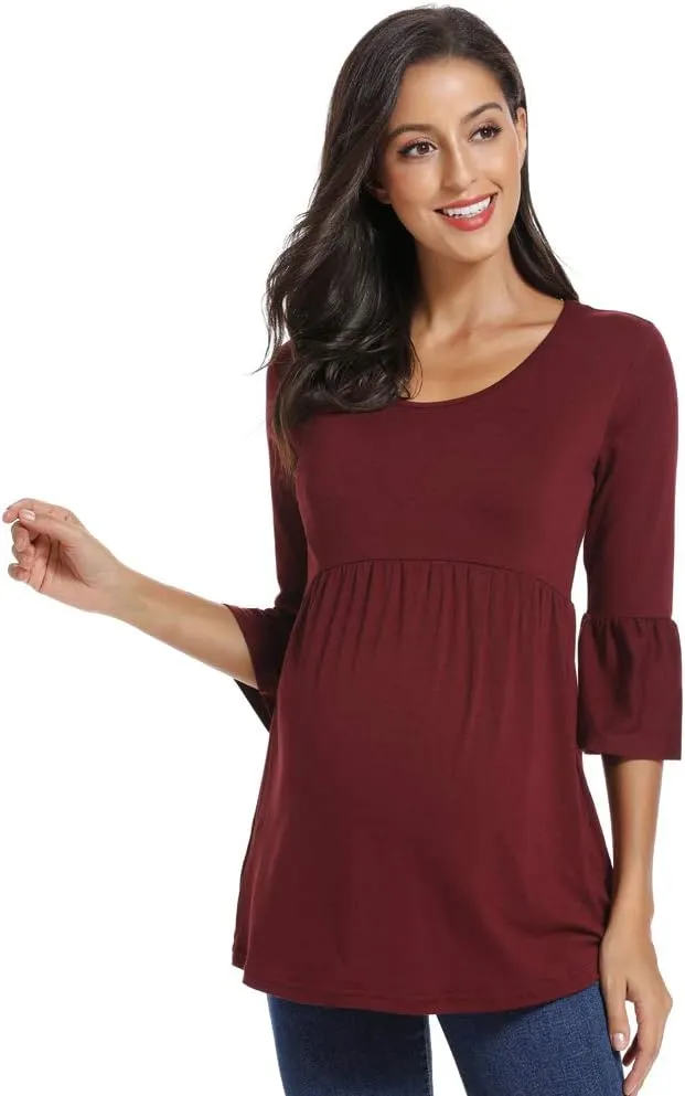 Ecavus Womens Casual Maternity Tops Striped Peplum 3/4 Ruffle Sleeve Shirt Ultra Soft Pregnancy Clothing