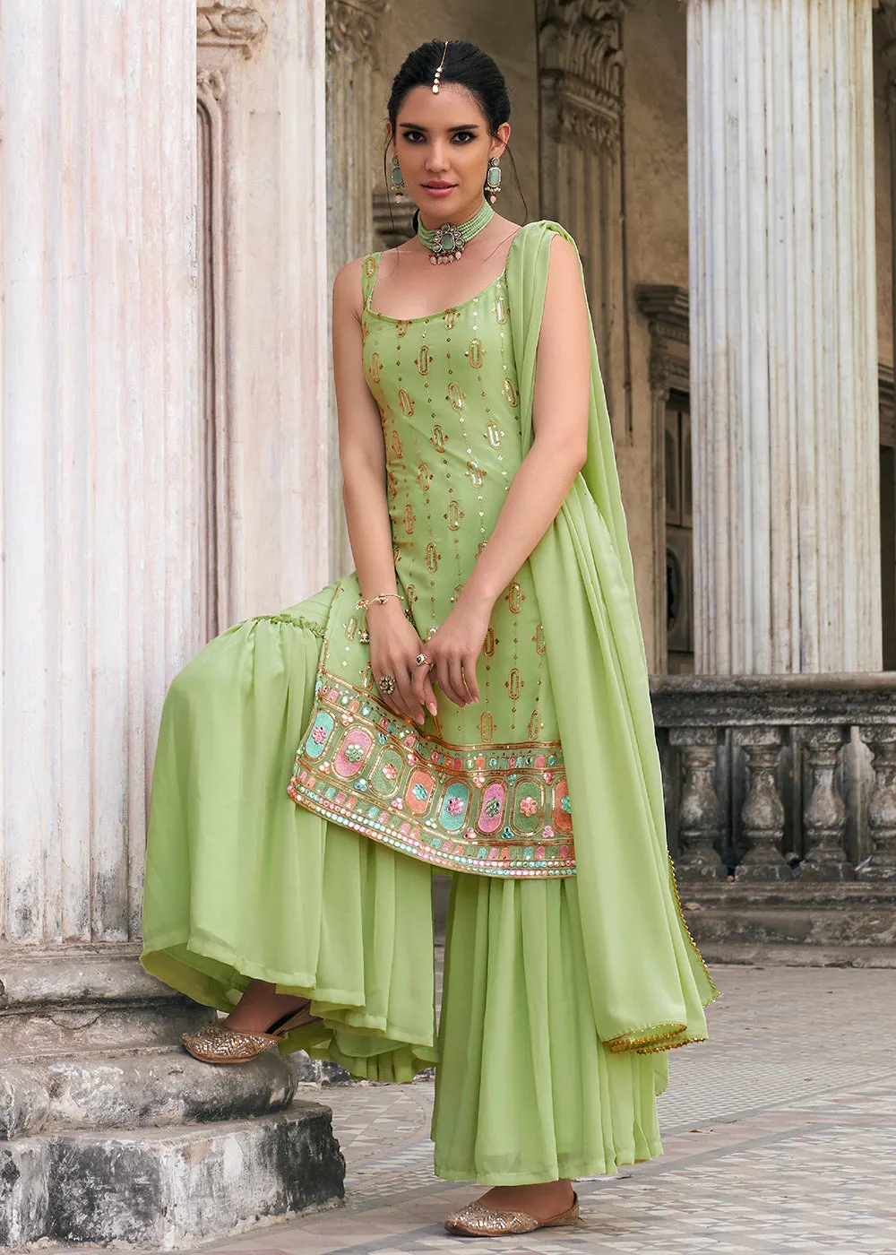 Green Faux Georgette Festive Gharara Style Suit