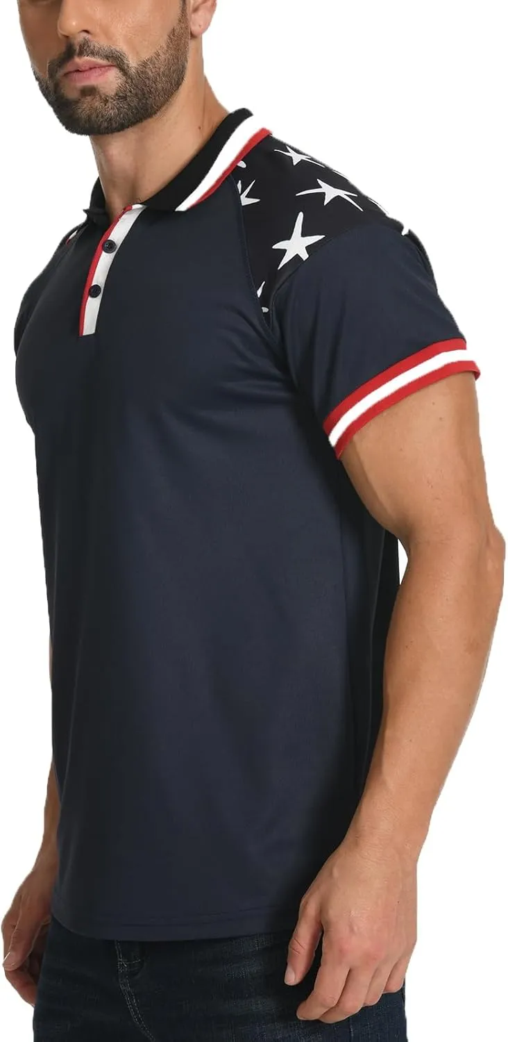H HYFOL Short Sleeve Polo Shirts for Men Star Patchwork Graphic Stretch Casual American Patriotic Raglan Golf Polos for Men