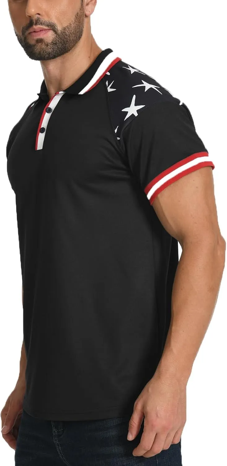 H HYFOL Short Sleeve Polo Shirts for Men Star Patchwork Graphic Stretch Casual American Patriotic Raglan Golf Polos for Men