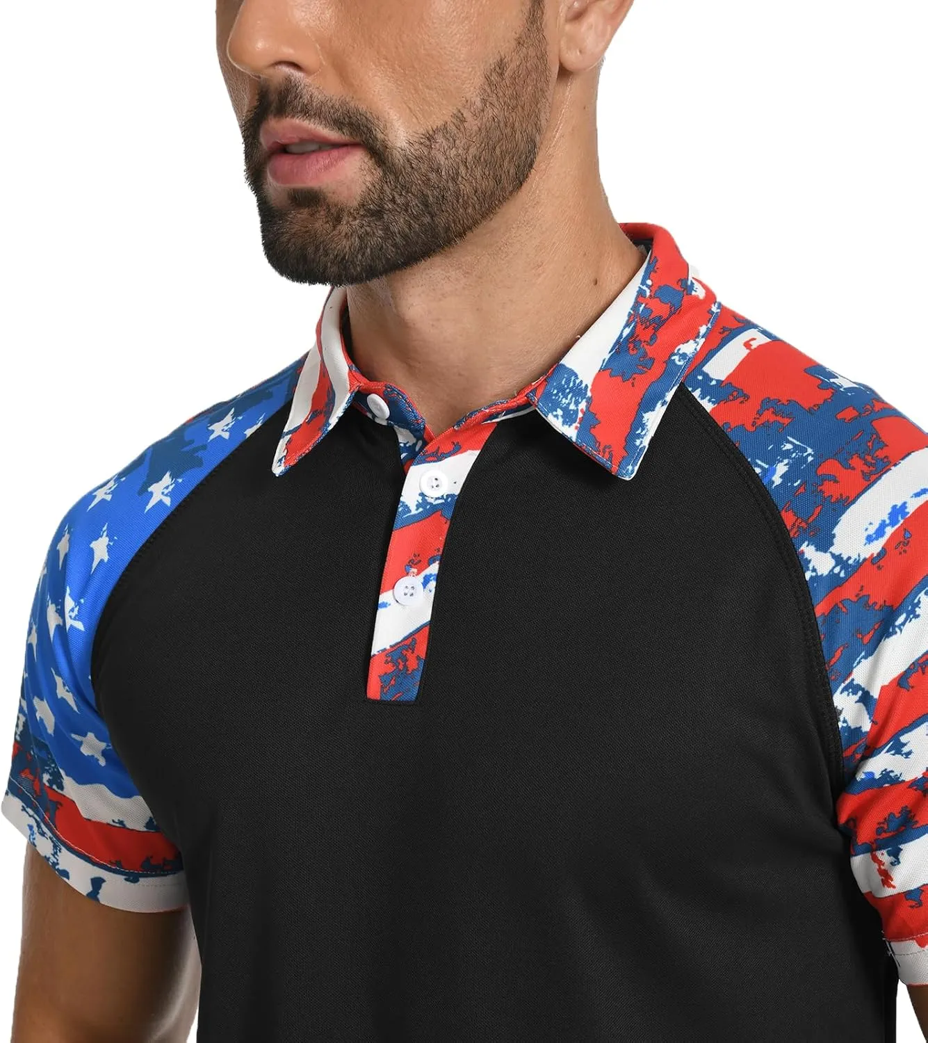 H HYFOL Short Sleeve Polo Shirts for Men Star Patchwork Graphic Stretch Casual American Patriotic Raglan Golf Polos for Men