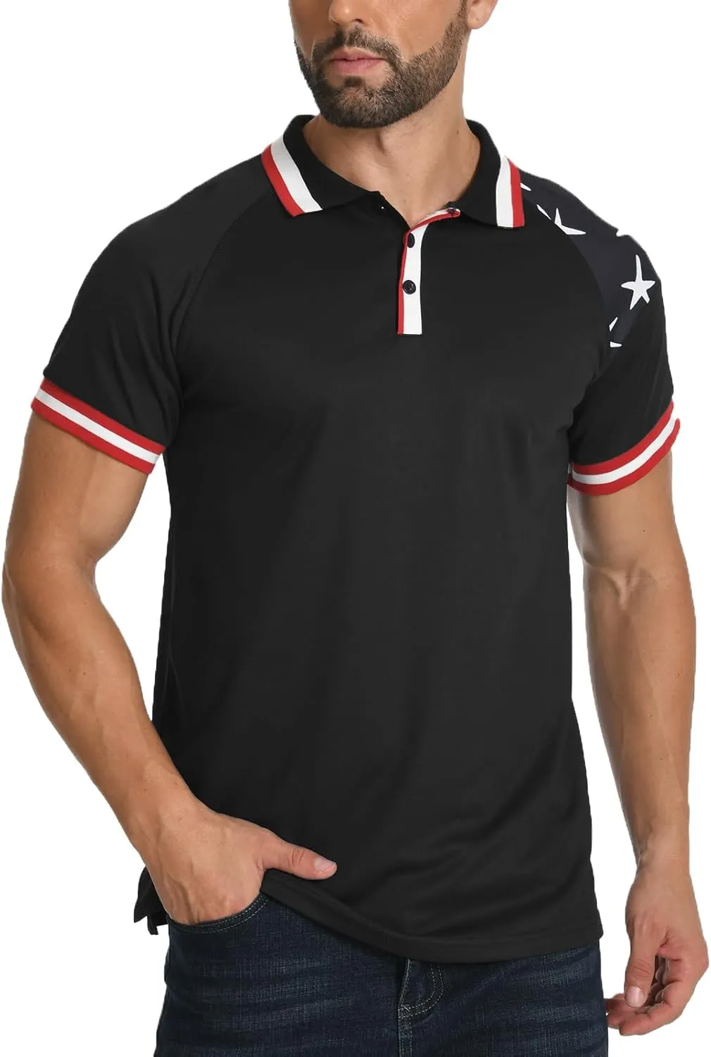 H HYFOL Short Sleeve Polo Shirts for Men Star Patchwork Graphic Stretch Casual American Patriotic Raglan Golf Polos for Men
