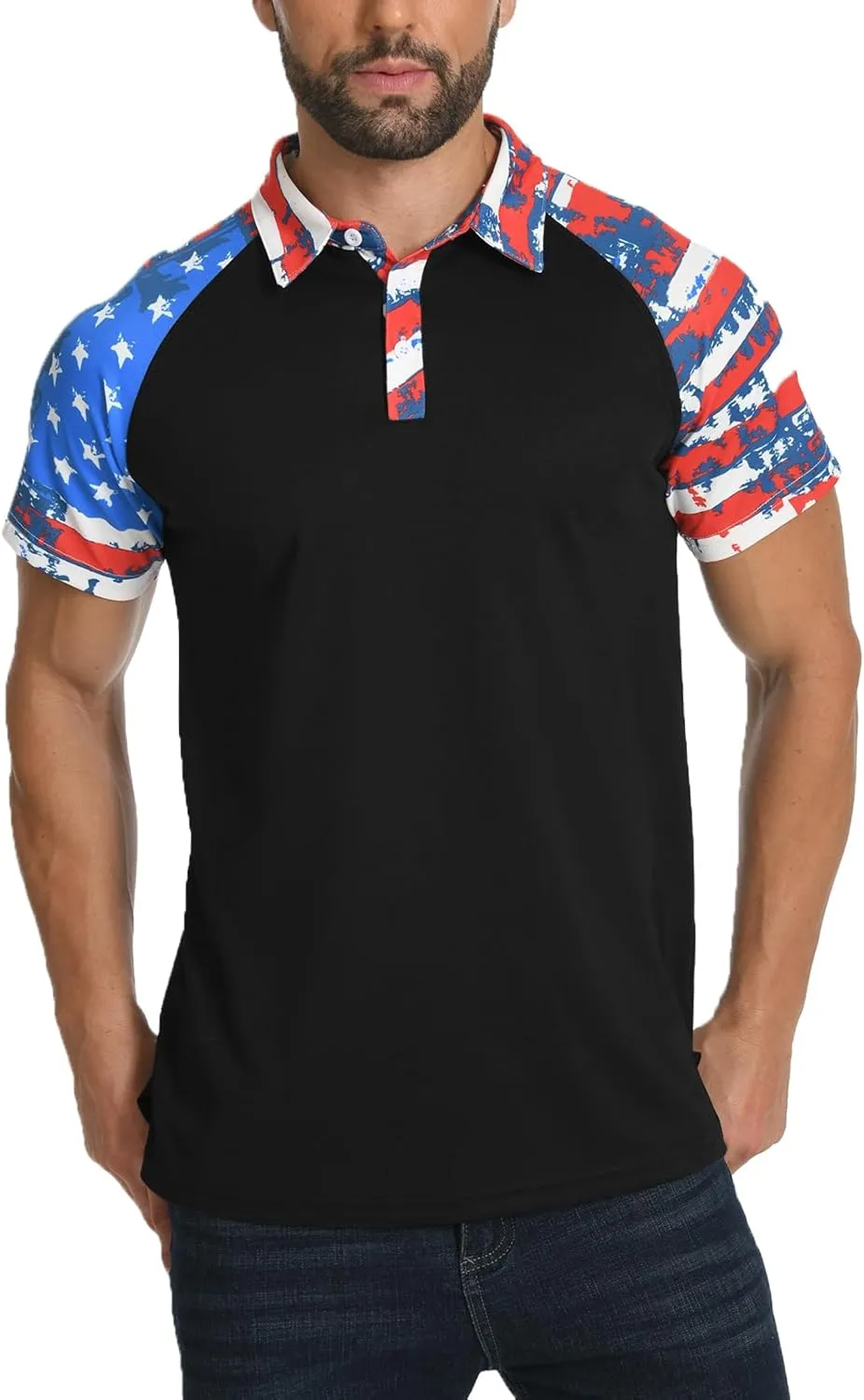 H HYFOL Short Sleeve Polo Shirts for Men Star Patchwork Graphic Stretch Casual American Patriotic Raglan Golf Polos for Men