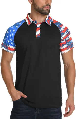 H HYFOL Short Sleeve Polo Shirts for Men Star Patchwork Graphic Stretch Casual American Patriotic Raglan Golf Polos for Men