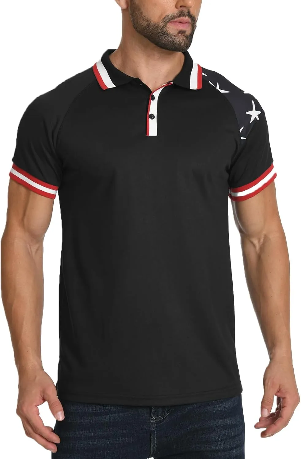 H HYFOL Short Sleeve Polo Shirts for Men Star Patchwork Graphic Stretch Casual American Patriotic Raglan Golf Polos for Men