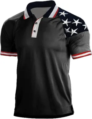 H HYFOL Short Sleeve Polo Shirts for Men Star Patchwork Graphic Stretch Casual American Patriotic Raglan Golf Polos for Men