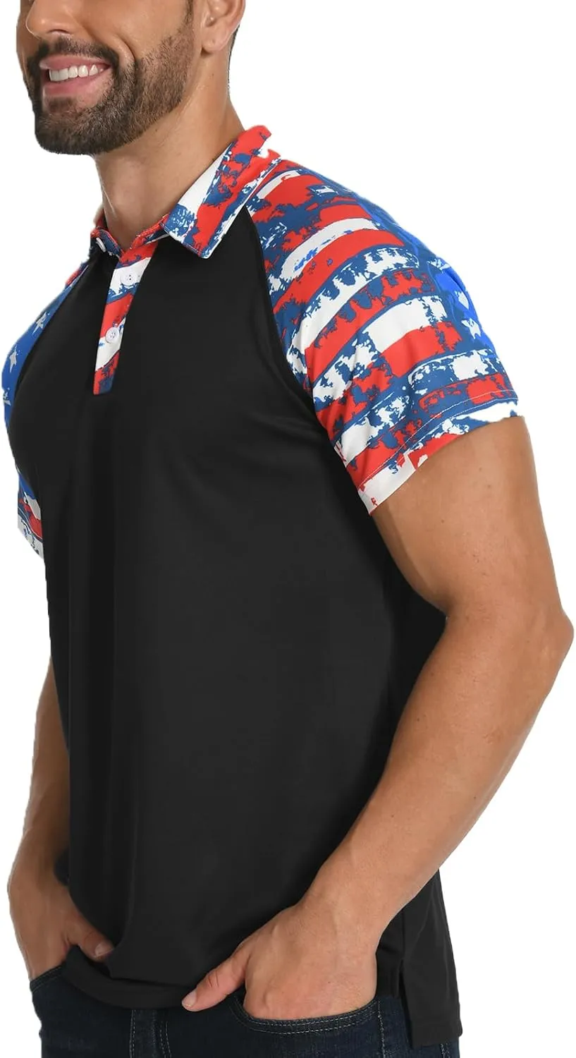 H HYFOL Short Sleeve Polo Shirts for Men Star Patchwork Graphic Stretch Casual American Patriotic Raglan Golf Polos for Men