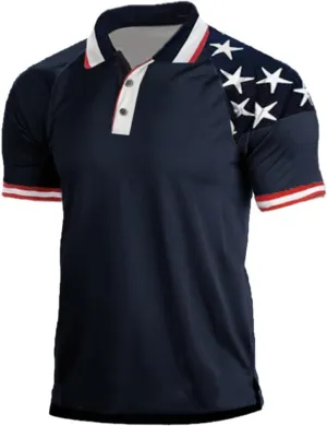 H HYFOL Short Sleeve Polo Shirts for Men Star Patchwork Graphic Stretch Casual American Patriotic Raglan Golf Polos for Men