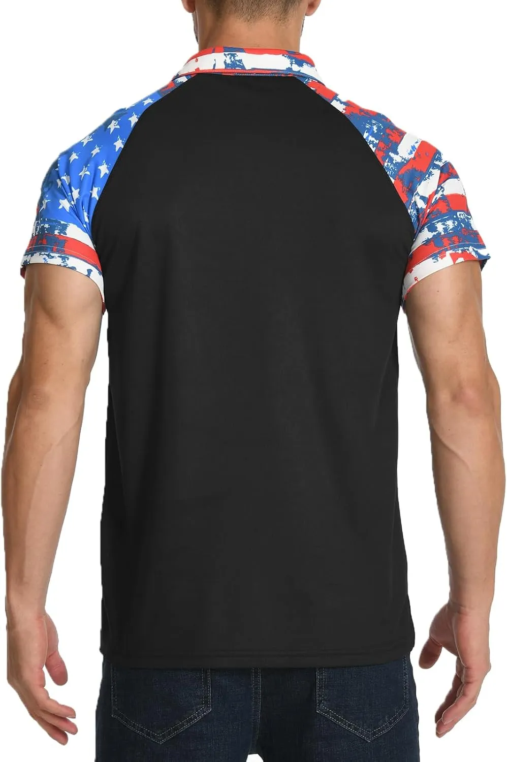 H HYFOL Short Sleeve Polo Shirts for Men Star Patchwork Graphic Stretch Casual American Patriotic Raglan Golf Polos for Men