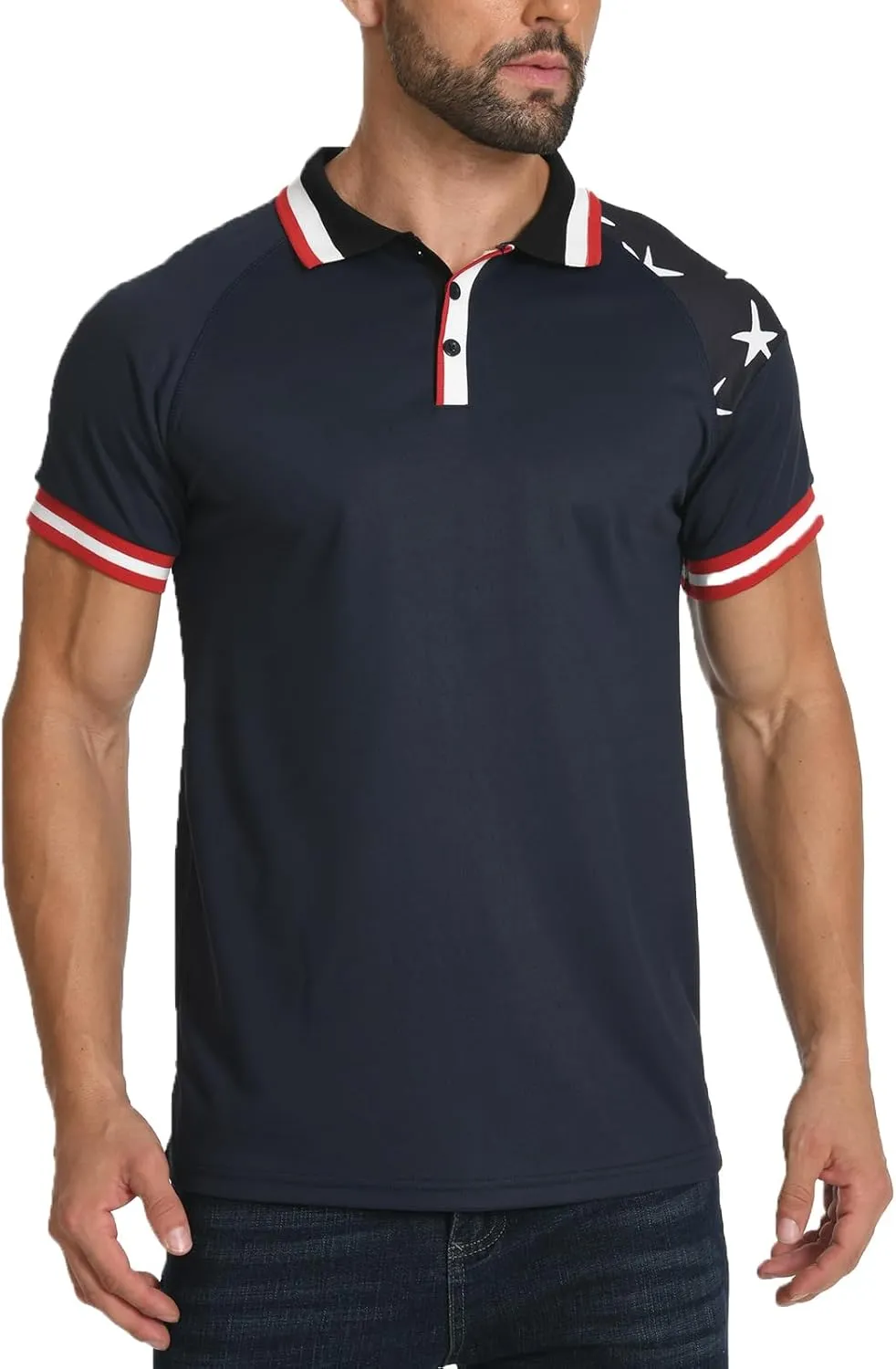 H HYFOL Short Sleeve Polo Shirts for Men Star Patchwork Graphic Stretch Casual American Patriotic Raglan Golf Polos for Men