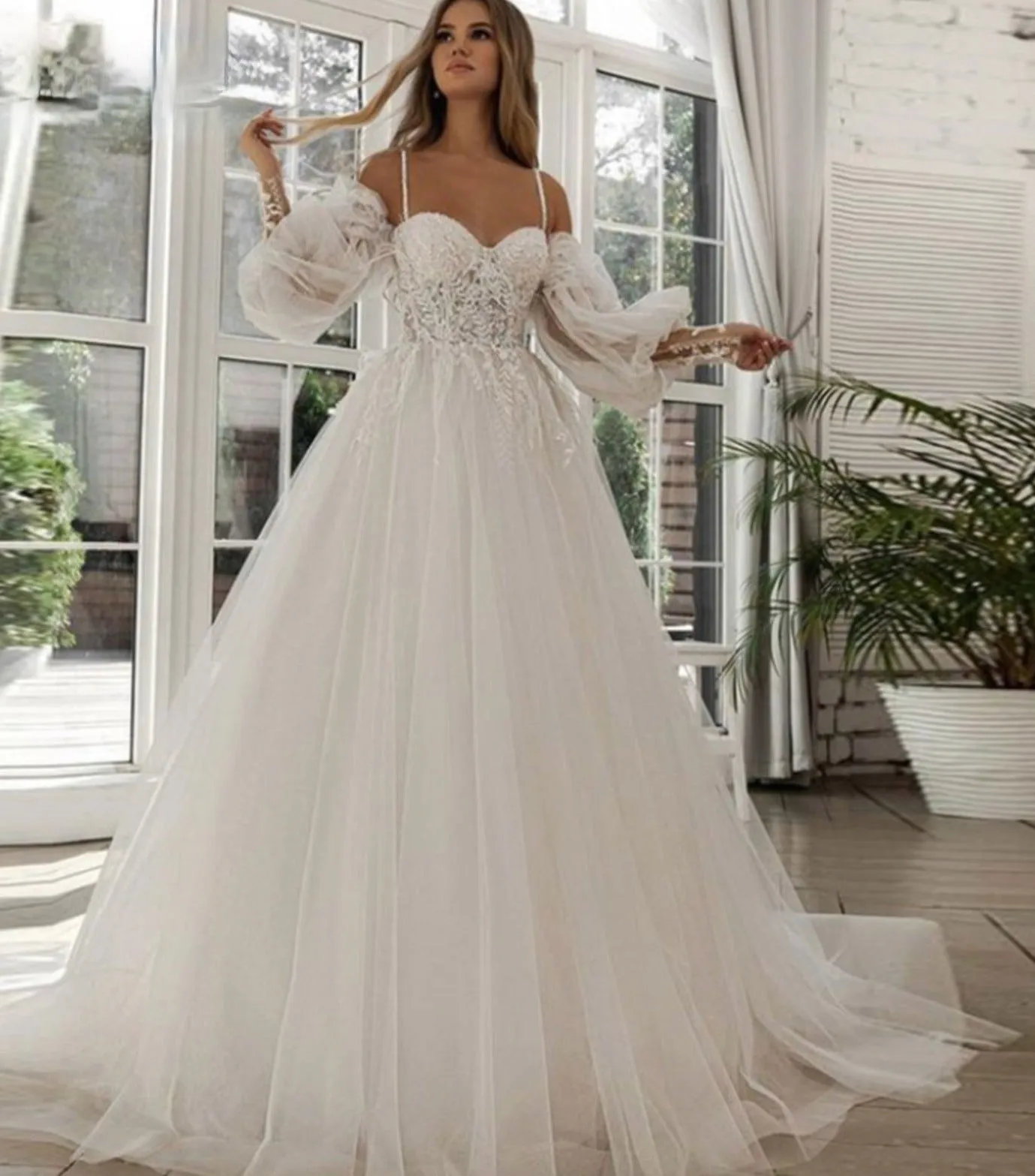 Lace Tulle Boho Wedding Dress Off The Shoulder Sleeve Sweetheart Bridal Gown