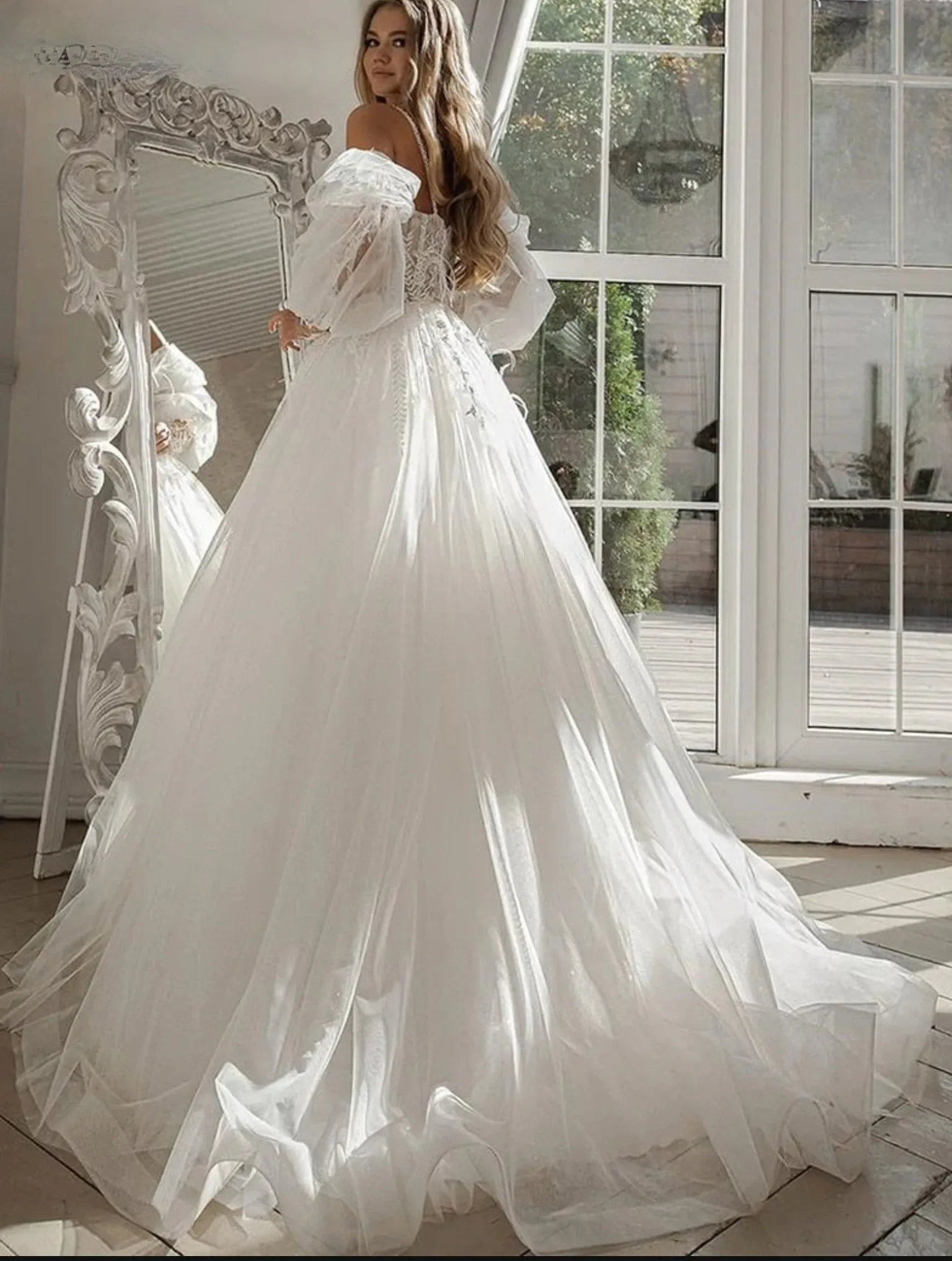 Lace Tulle Boho Wedding Dress Off The Shoulder Sleeve Sweetheart Bridal Gown