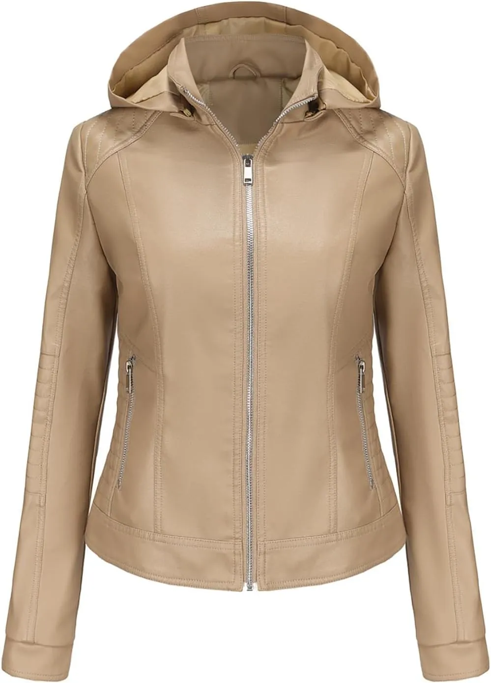 Lmdudan Faux Leather Jacket Women Motorcycle Coat for Biker with Removable Hood Plus Size Zip Up Long Sleeve Outwear Tops