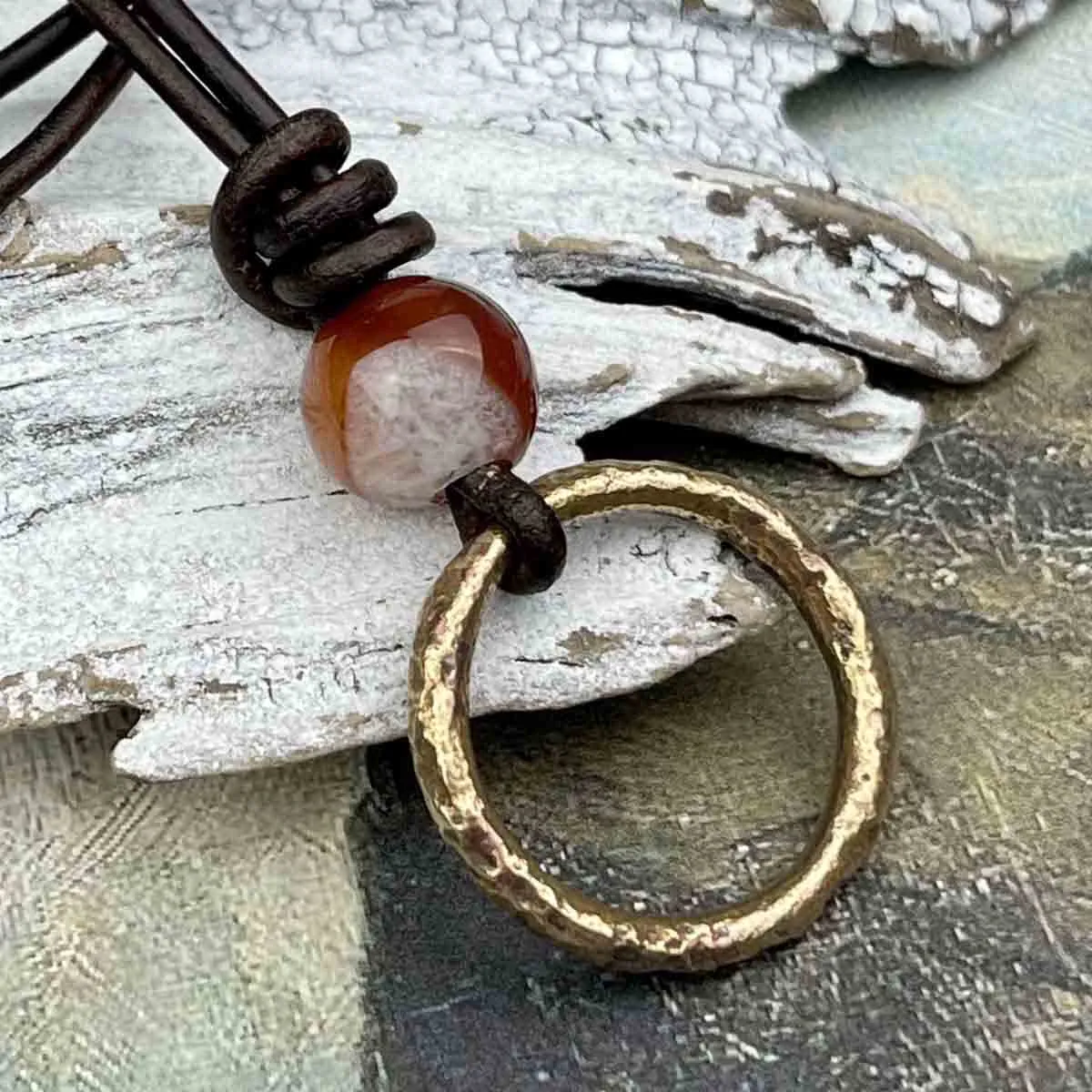 Luminous Golden Bronze Celtic Ring Money & Genuine Multicolored Carnelian Leather Necklace | Artifact #8381