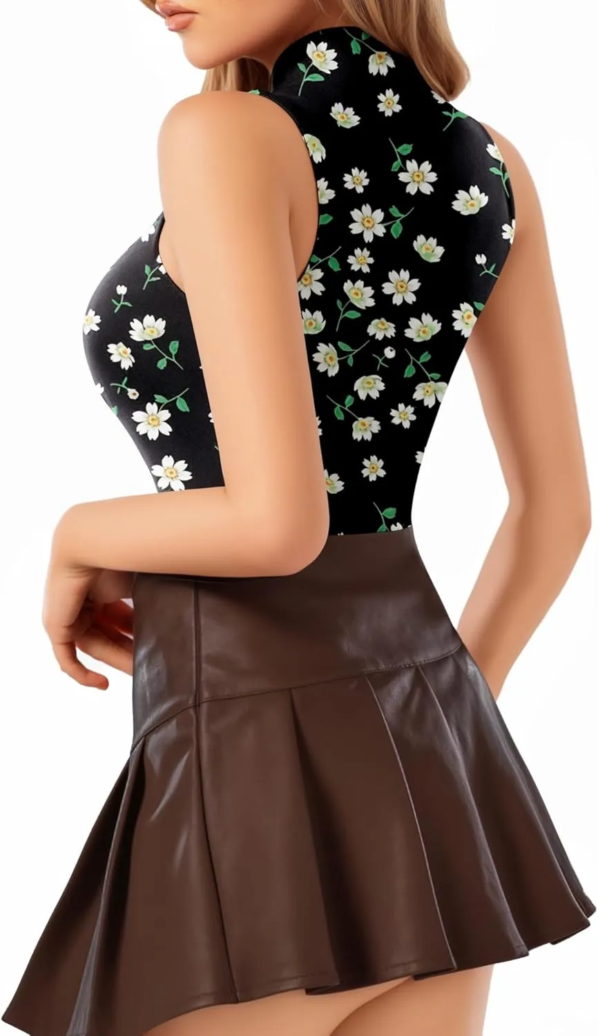 MANGOPOP Women's Mock Turtle Neck Sleeveless Tank Tops Bodysuit Leotard Clothing