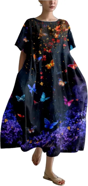 MARSVOVO Women's Summer Dress Vintage Country Scenery Oil Painting High Waist Ruffle Hem Oversized Lounge Loose Sundress