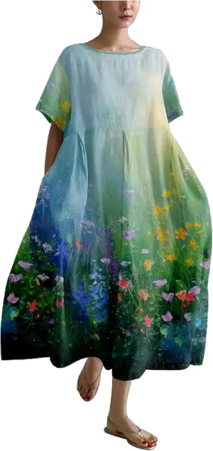 MARSVOVO Women's Summer Dress Vintage Country Scenery Oil Painting High Waist Ruffle Hem Oversized Lounge Loose Sundress