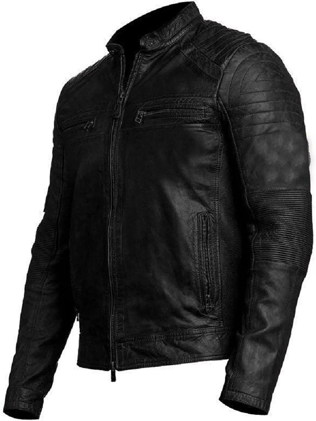 Men Leather Jacket - Mens Cafe Racer Motorcycle Jacket - Distressed Lambskin Biker Leather Jackets for Men